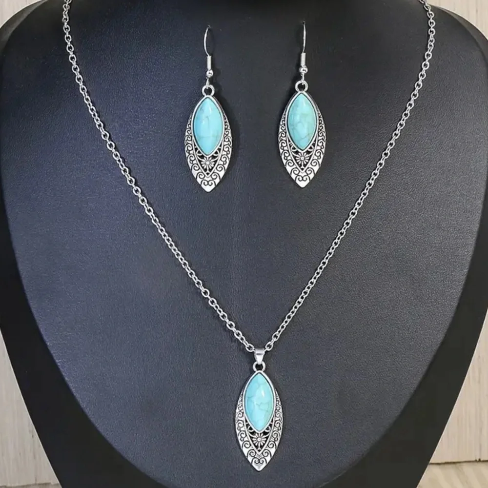 Elegant Silver and Turquoise Necklace and Earring Set - Picture 2 of 2